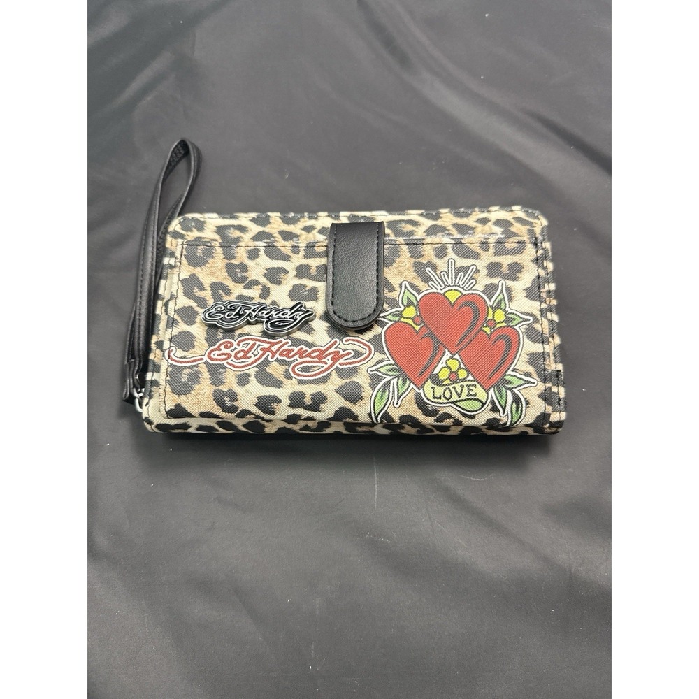 Ed Hardy Leopard/Cheetah Print Wallet Wristlet Clutch Zip Around  Tatoo Y2K NWT